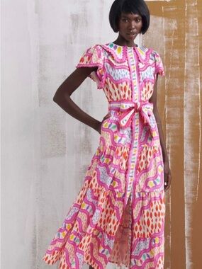 CeliaB OMERA DRESS NWT Pink & Orange Printed Tie-Waist Maxi Dress